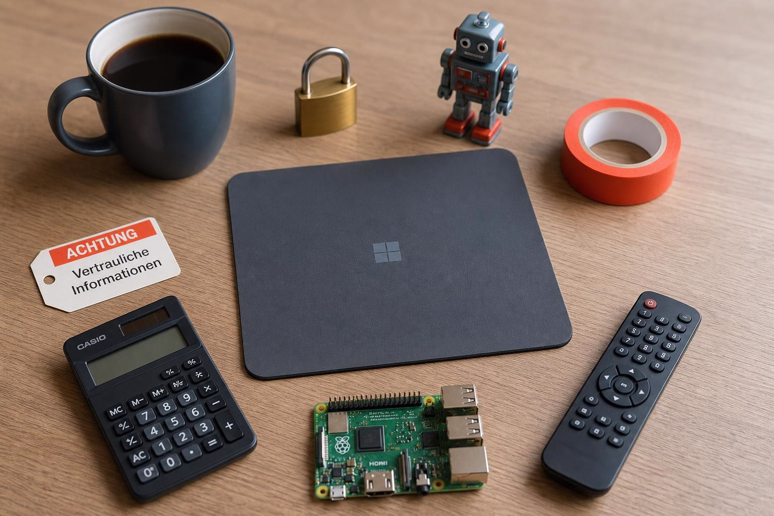 KDB Tech-Update 202605121503 Schreibtisch mit Kaffeetasse, Vorhängeschloss, Roboterfigur, Klebeband, Etikett, Taschenrechner, Raspberry-Pi und Fernbedienung zur Demonstration von Technik.
