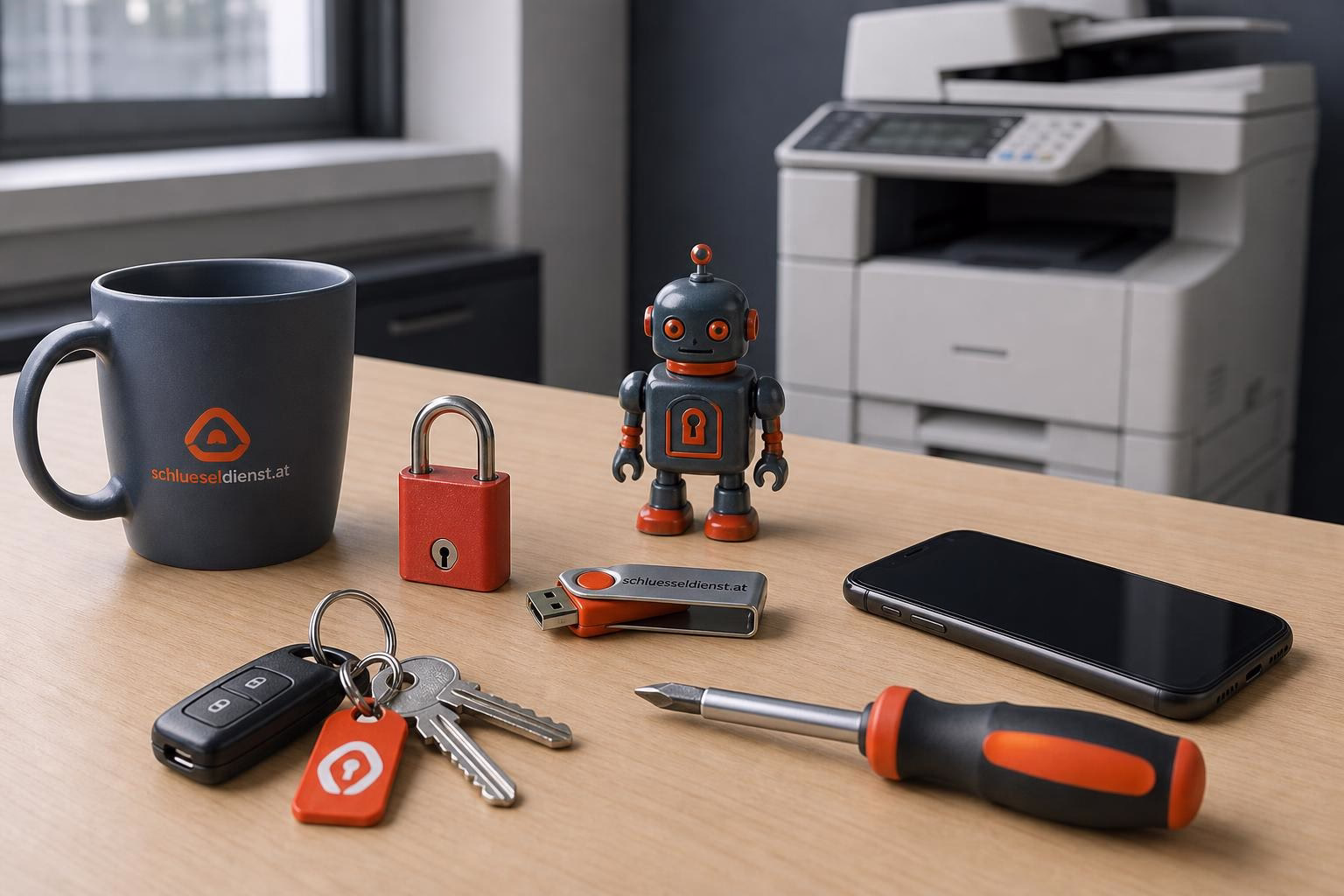 KDB Tech-Update 202605130505 Arbeitsplatz mit Kaffeetasse, Schlüsseln, Schloss, USB-Stick, Smartphone und Roboterfigur; veranschaulicht Technik- und Schlüsselservice.