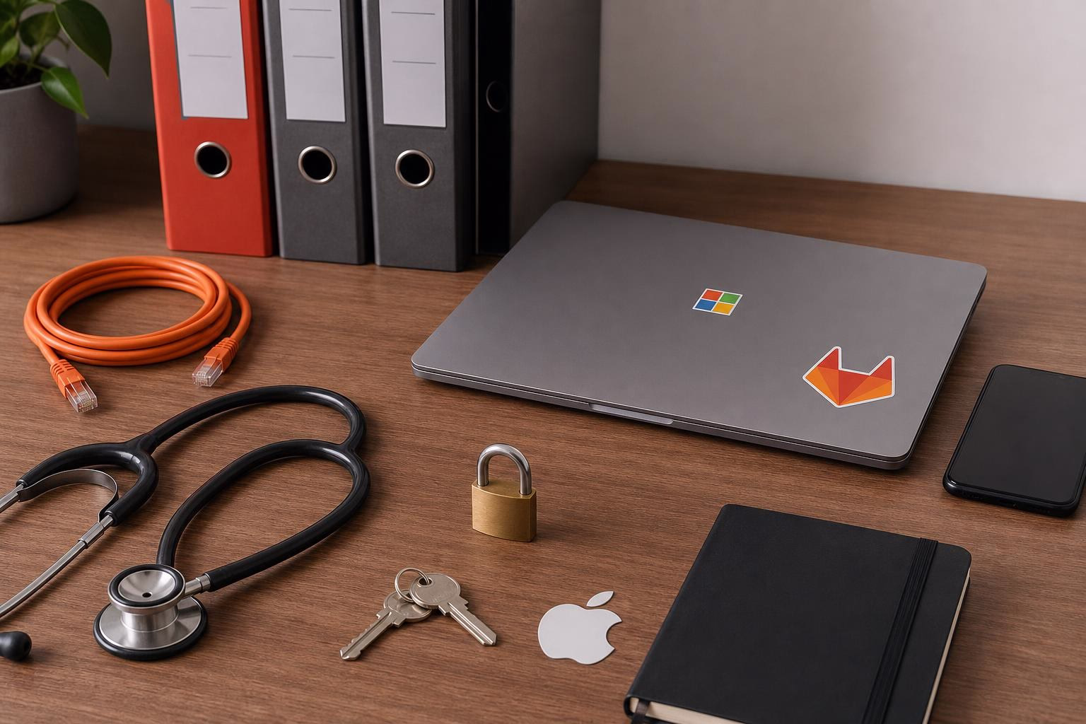 KDB Tech-Update 202605131505 Schreibtisch mit Laptop, orangeem Netzwerkkabel, Schlüsseln und Vorhängeschloss; Accessoires zeigen Sicherheit und Geräteverbindung.