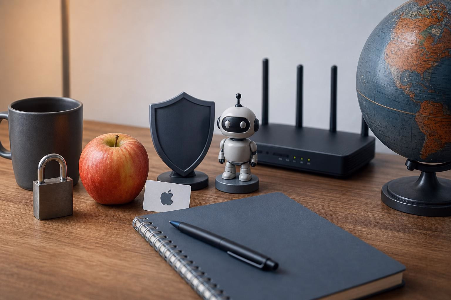 KDB Tech-Update 202605160501 Schreibtisch mit Kaffeetasse, Apfel, Schutzschild, kleiner Roboterfigur, Router, Globus und Notizbuch zur Darstellung von Tech-Update und Sicherheit.