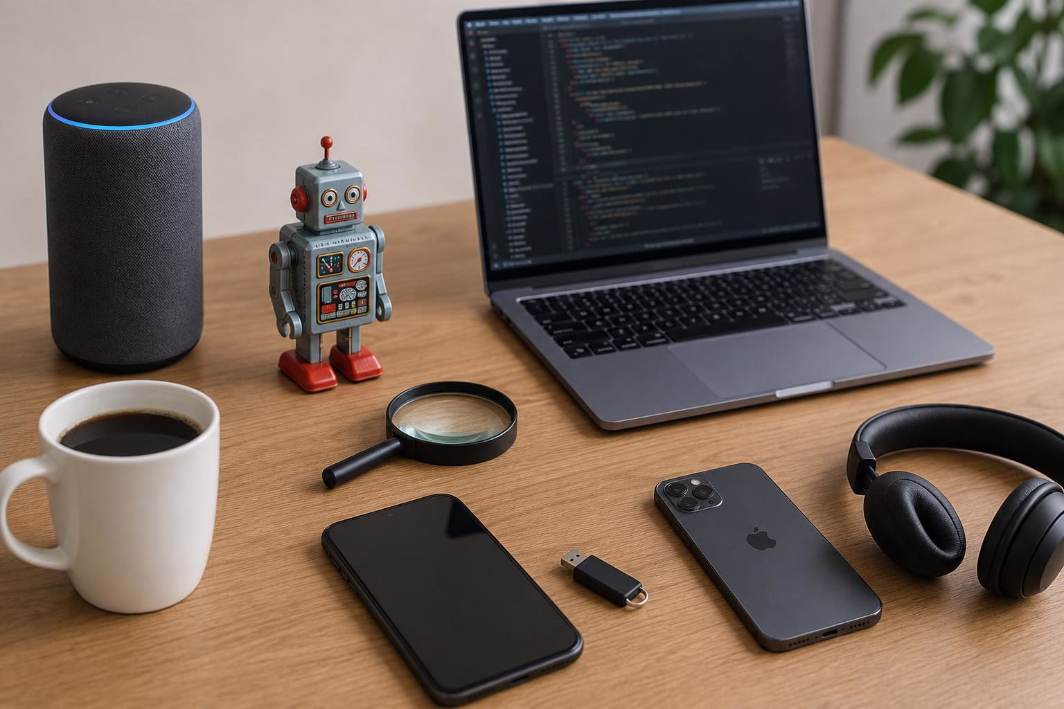 KDB Tech-Update 202605190505 Schreibtisch mit Laptop, Smartphone, USB-Stick, Lupe, Headset, Spielzeugroboter und Kaffeetasse; Technik- und Recherche-Setup.