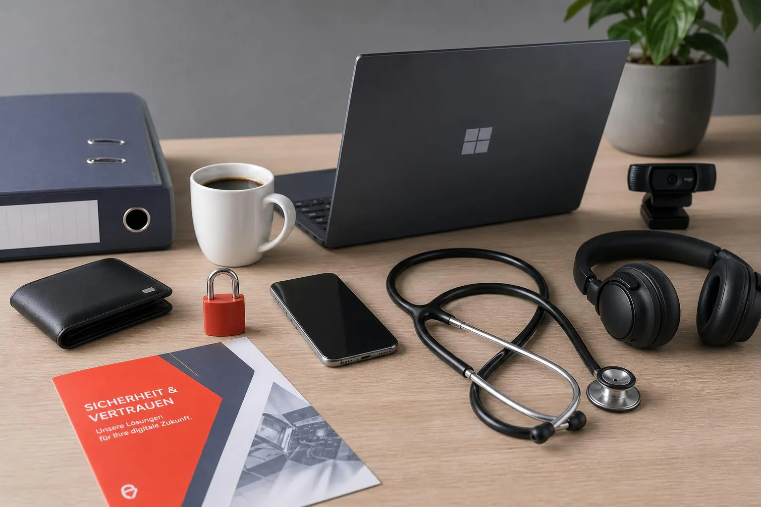 KDB Tech-Update 202605240502 Schreibtisch mit Laptop, Kaffeetasse, Smartphone, Kopfhörern, Stethoskop, Geldbörse, Vorhängeschloss und Werbeprospekt für Technik- und Sicherheitsupdate.