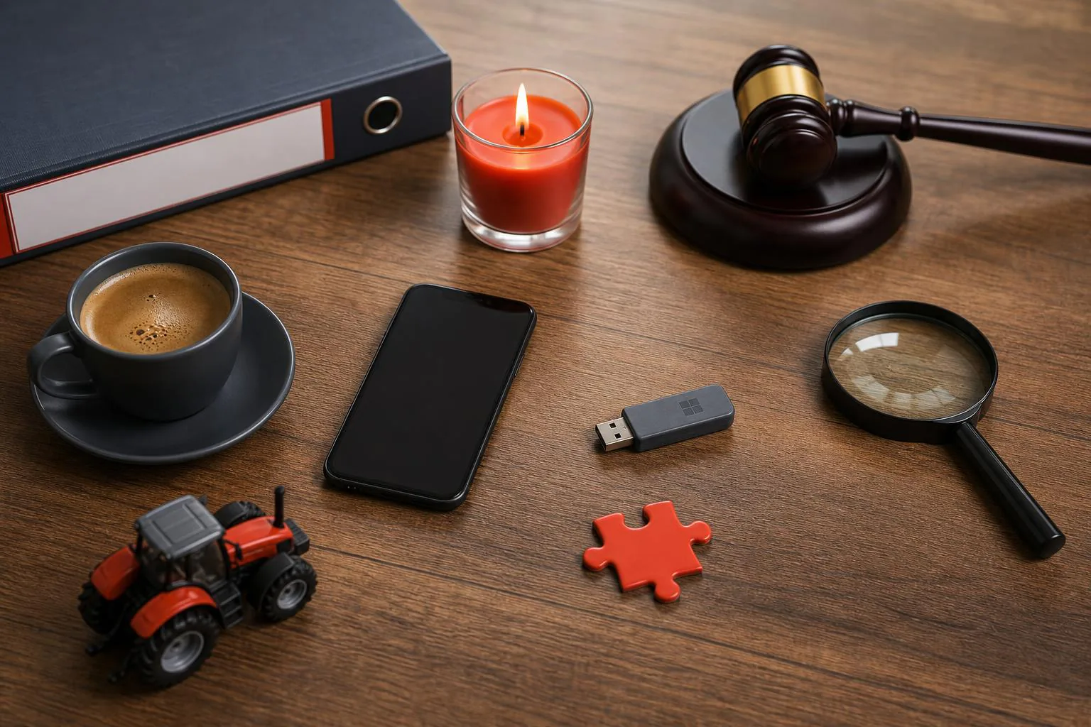 KDB Tech-Update 202605251505 Schreibtisch-Arrangement mit Kaffeetasse, brennender Kerze, Smartphone, USB-Stick, Lupe, Richterhammer und Mini-Traktor zur Technik-/Rechts-Illustration.