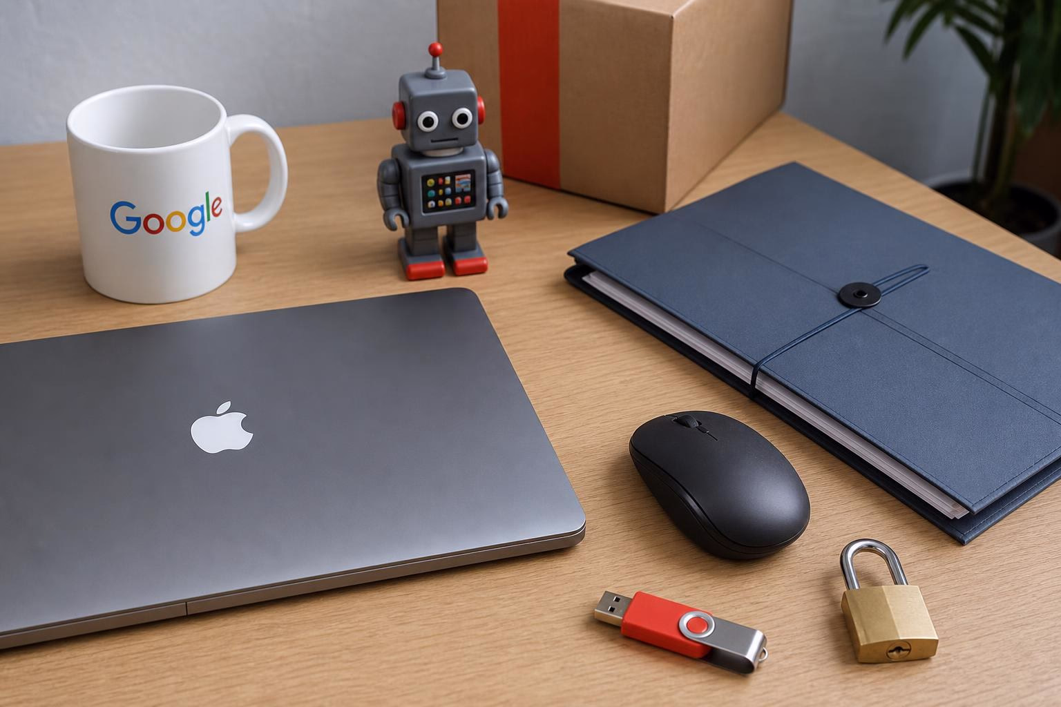 KDB Tech-Update 202605261505 Schreibtisch mit Laptop, Maus und USB-Stick neben Roboterskulptur, Kaffeetasse, Aktenmappe und Paketkarton – zeigt Arbeits- und Versand-Setup.