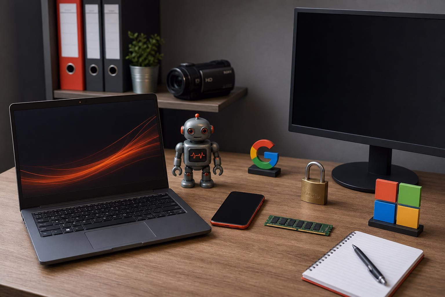 KDB Tech-Update 202605271504 Schreibtisch mit Laptop, Smartphone, Roboterfigur, Videokamera, RAM-Modul, Vorhängeschloss, Symbolaufstellern und Notizblock zur Technikansicht