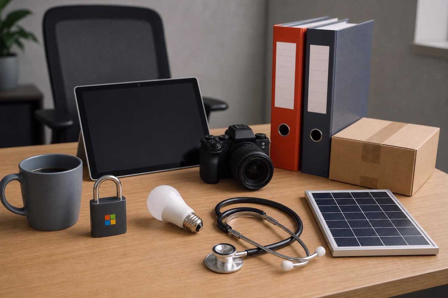 KDB Tech-Update 202605301504 Schreibtisch mit Tablet, Kamera, Ordnern und Paket; daneben Stethoskop, Glühbirne, Solarpanel und Kaffeetasse mit Schloss zur Sicherung.