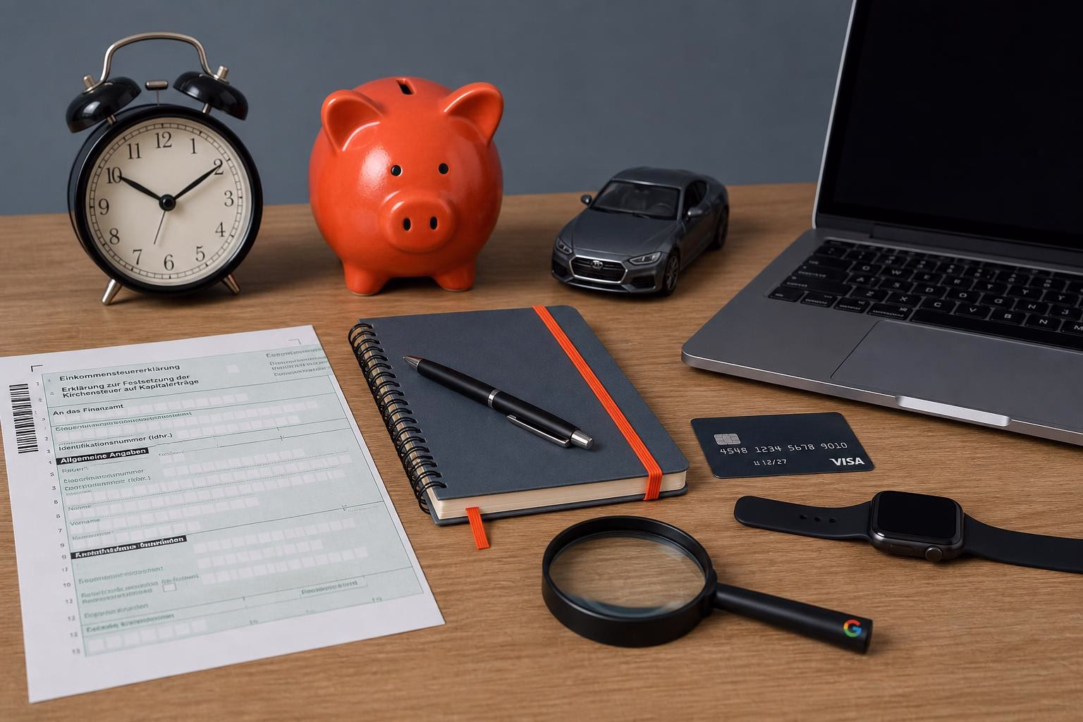 KDB Tech-Update 202605311501 Schreibtisch mit Alarmuhr, Notizbuch, Kreditkarte, Laptop, Smartwatch, Sparschwein, Modellauto und ausgefülltem Steuerformular unter Lupe, für Finanzplanung.