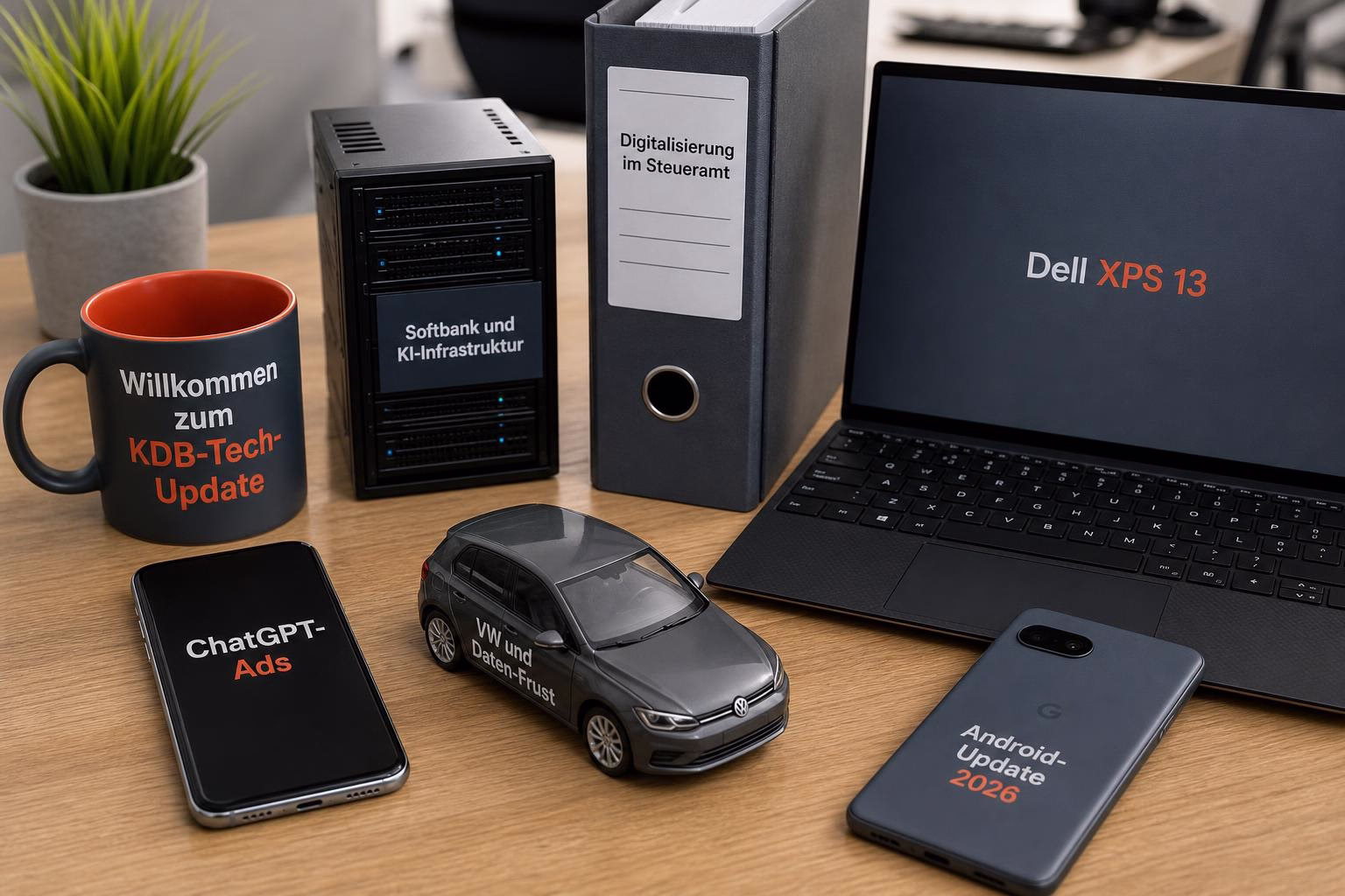 KDB Tech-Update 202606010504 Schreibtisch mit Kaffeetasse, Serverrack und Laptop; Smartphone, Miniaturauto und weiteres Smartphone zeigen Update- und Themenhinweise.