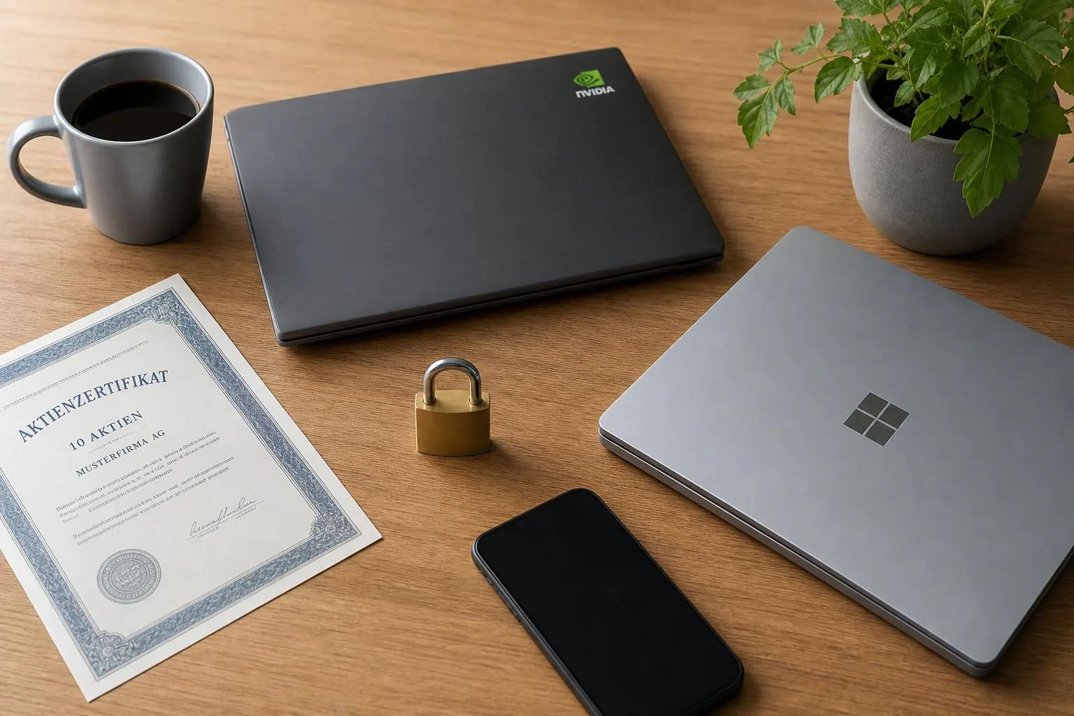 KDB Tech-Update 202606021506 Schreibtisch mit Kaffee, Laptop, Smartphone, Aktienzertifikat, Vorhängeschloss sowie grüner Topfpflanze; symbolisiert sicheren Geschäfts- und Tech-Alltag.