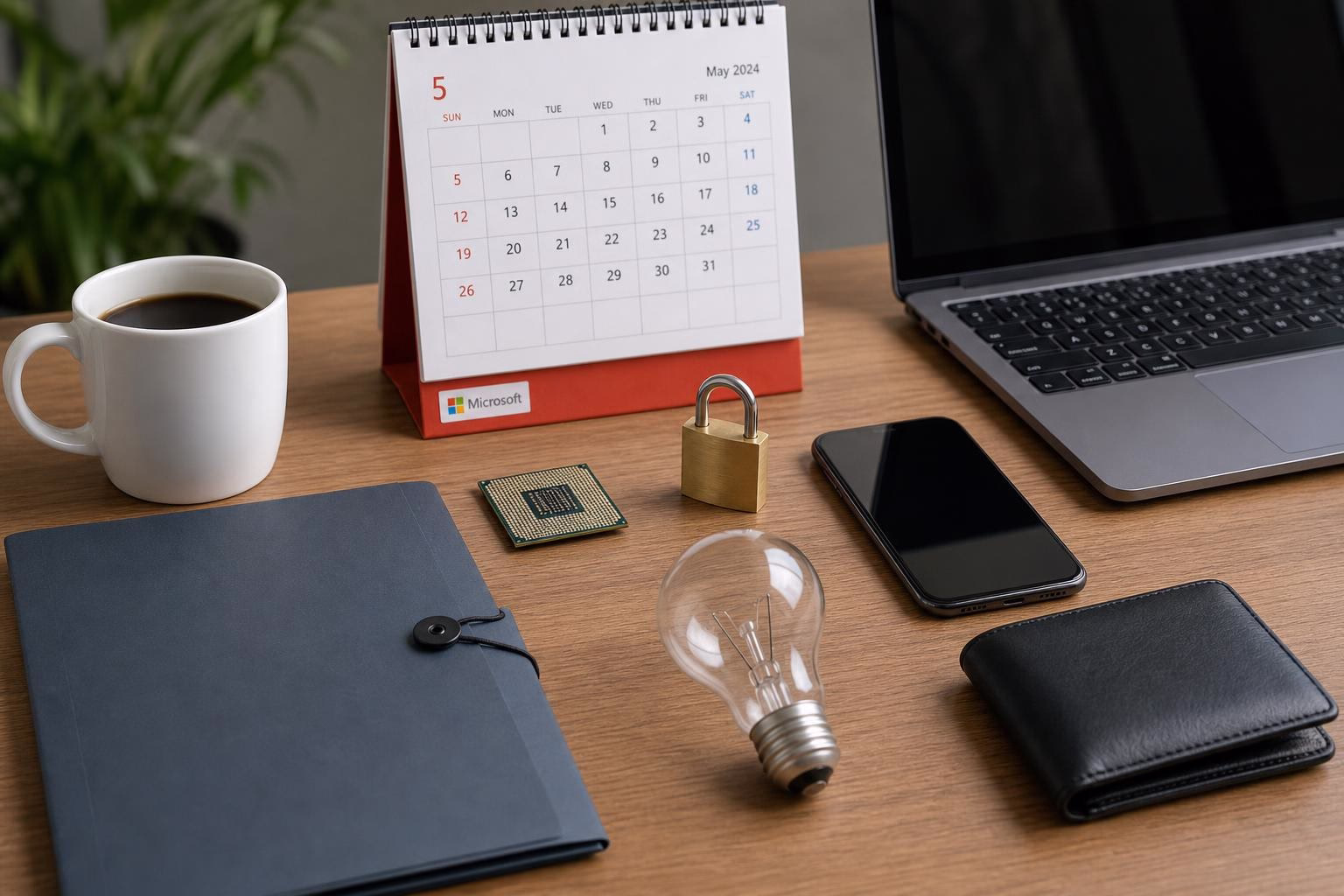 KDB Tech-Update 202606040505 Schreibtisch mit Kalender, Laptop, Smartphone, Kaffeetasse, Chip, Glühbirne und Vorhängeschloss—Symbol für Planung, Technik und Sicherheit.