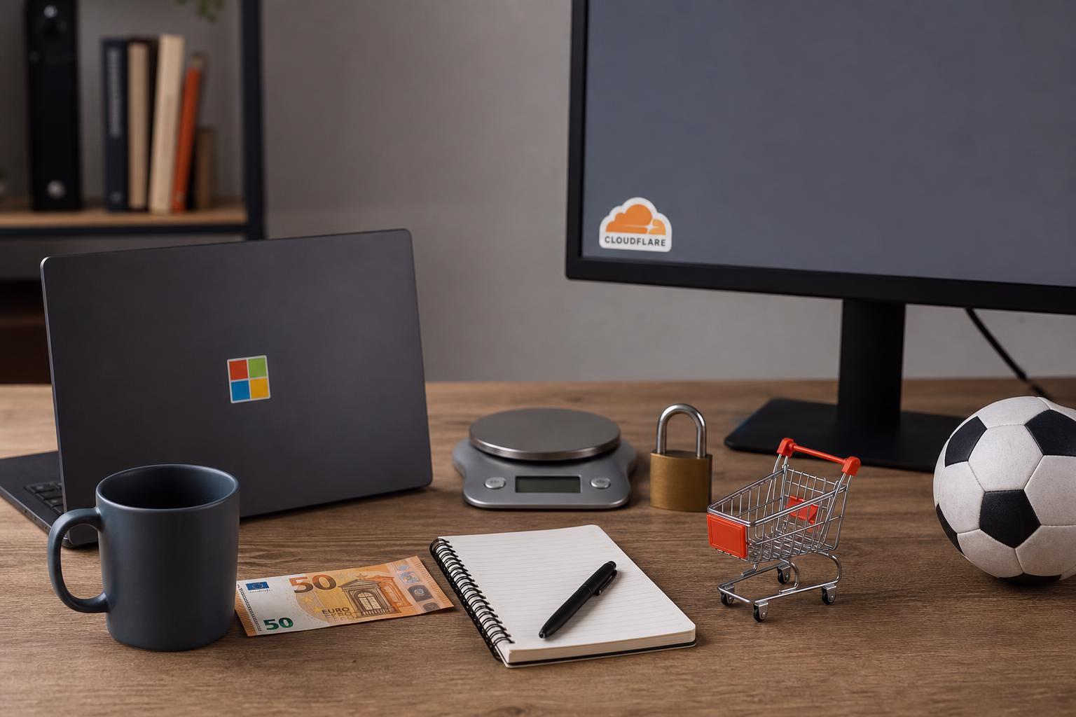 KDB Tech-Update 202606050503 Schreibtisch mit Laptop, Geldschein, Notizbuch, Waage, Vorhängeschloss, Mini-Einkaufswagen, Kaffeetasse und Fußball; Symbol für Technik, Sicherheit und Einkauf.