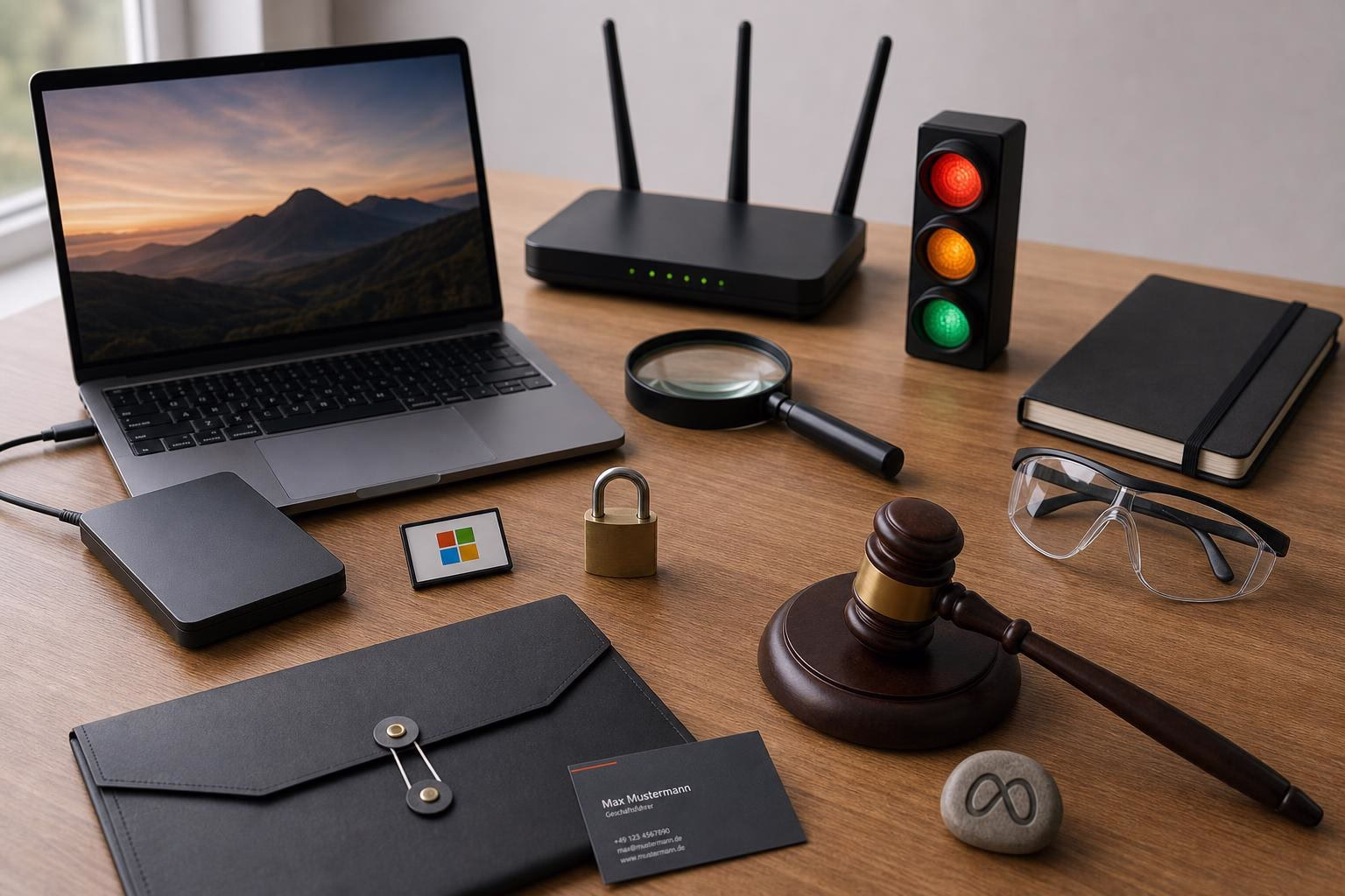 KDB Tech-Update 202606051506 Schreibtisch mit Laptop, Router, externer Festplatte, Lupe, Vorhängeschloss, Schutzbrille, Dokumentenmappe, Gerichtshammer und Ampel als Symbol für Prüfung.