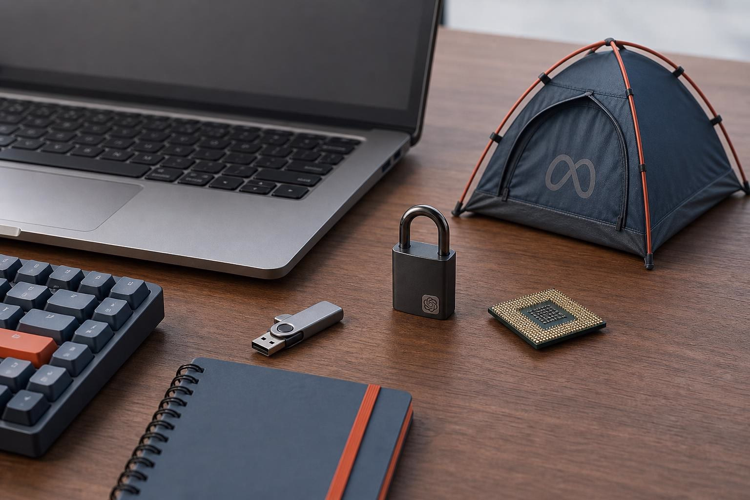 KDB Tech-Update 202606071505 Schreibtisch mit Laptop, USB-Stick, Vorhängeschloss, Mikrochip und Notizbuch; Datenträger und Hardware stehen bereit, um Technik-Update/Absicherung zu zeigen.