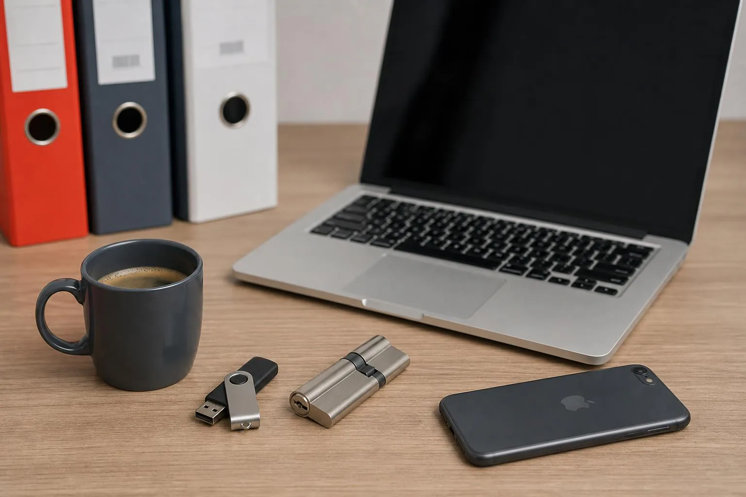 KDB Tech-Update 202606090505 Schreibtisch mit Notebook, Kaffeetasse, USB-Sticks und Smartphone; Ordner im Hintergrund als Arbeitsmaterial.