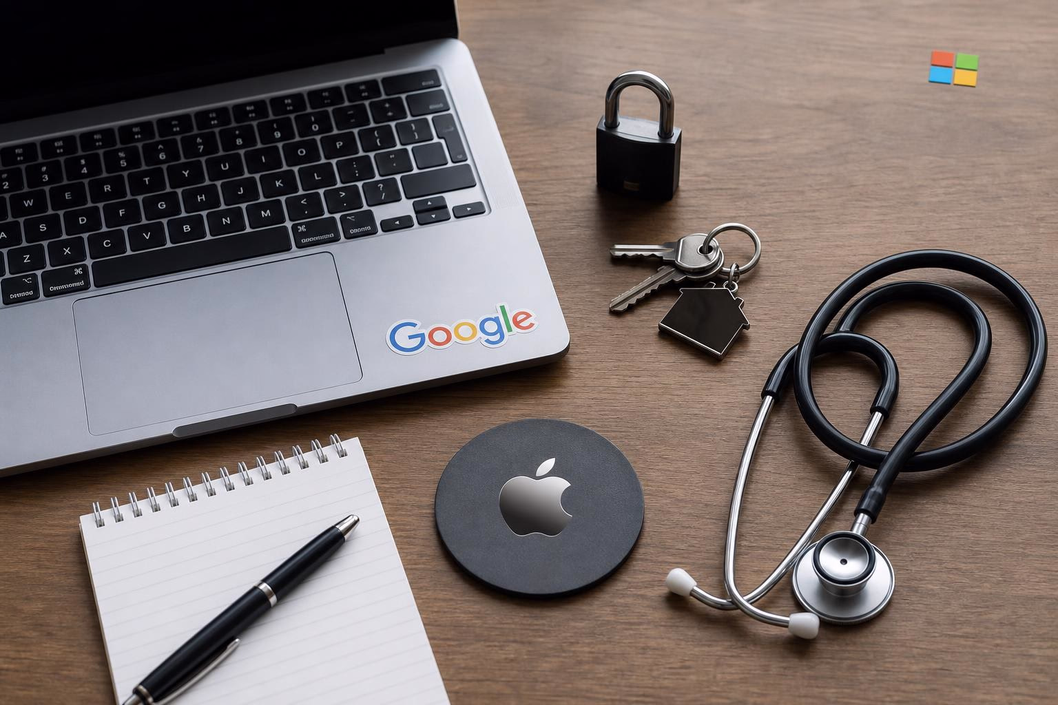 KDB Tech-Update 202606091503 Schreibtisch mit Laptop, Vorhängeschloss und Schlüsselbund, Notizblock, Stethoskop sowie Aufklebern; symbolisiert IT-Sicherheit und Gesundheitsversorgung.