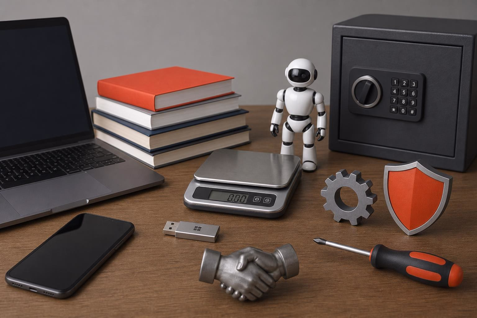 KDB Tech-Update 202606121503 Schreibtisch mit Laptop, Waage, Sicherheits-Tresor, Roboterfigur, USB-Stick, Smartphone, Werkzeug und Schutzschild—Symbole für Technik, Absicherung und Messung.