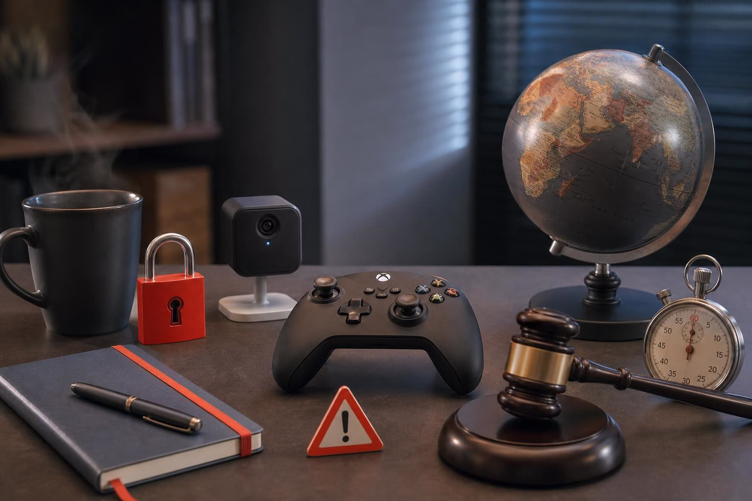 KDB Tech-Update 202606140504 Schreibtisch mit Kaffeetasse, Vorhängeschloss, Mini-Überwachungskamera, Gaming-Controller, Notizbuch, Warnschild, Richterhammer, Stoppuhr und Globus.