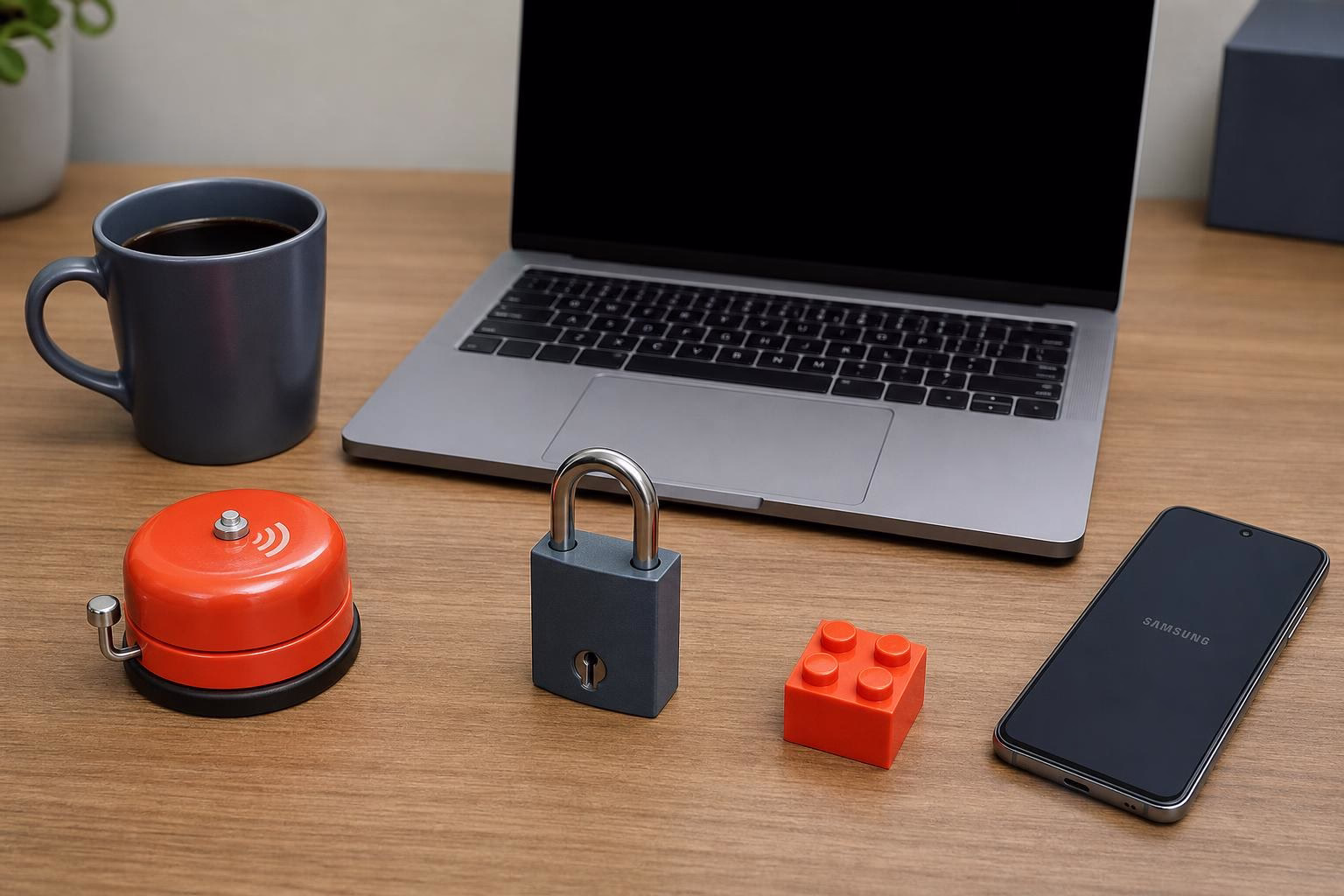 KDB Tech-Update 202606150501 Schreibtisch mit Laptop, Kaffeetasse, Handy, Alarmglocke, Vorhängeschloss und Spielbaustein; symbolisiert Technik und IT-Sicherheitsschutz.