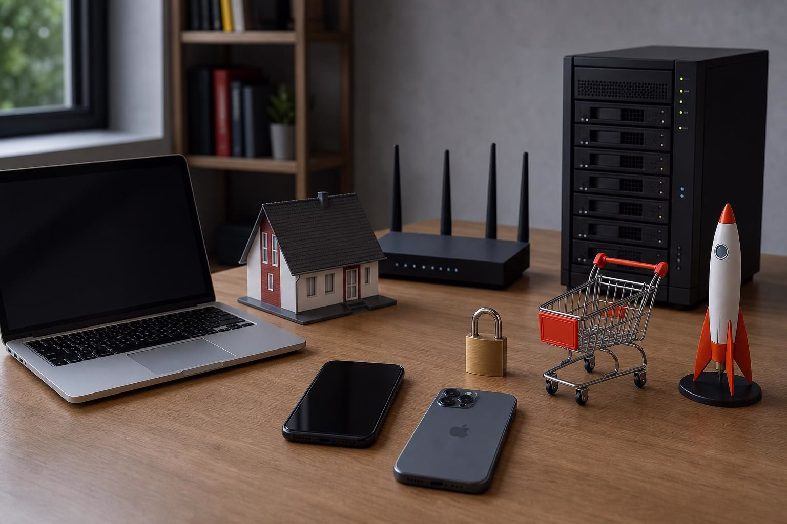 KDB Tech-Update 202606151501 Schreibtischszene mit Laptop, Miniaturhaus, Serverrack, Router, Smartphones, Vorhängeschloss, Einkaufswagen und Rakete als Symbol für IT-Update und Sicherheit.