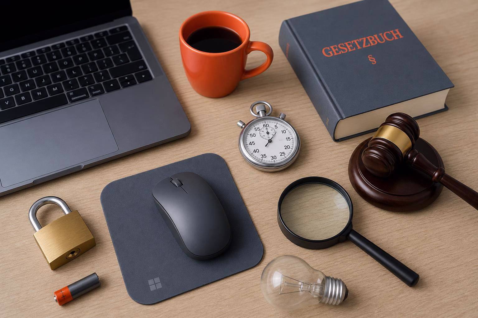 KDB Tech-Update 202606161506 Schreibtisch mit Laptop, Kaffeetasse, Gesetzbuch, Stoppuhr, Lupe, Schloss, Hammer, Glühbirne, Mauspad und Batterie—Symbol für Technik und Recht.