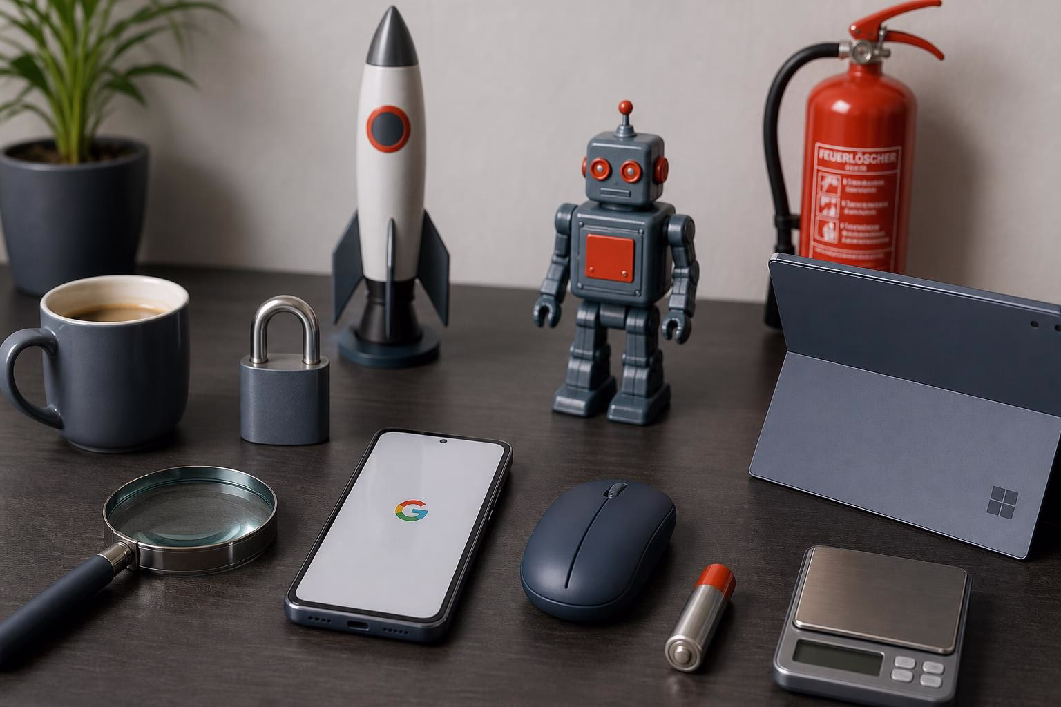 KDB Tech-Update 202606170505 Technik-Desktop mit Raketenmodell, Roboterfigur, Smartphone, Tablet, Computermaus, Schutzschloss, Feuerlöscher und Kamera-Glühlupe als Arbeitsplatz-Set.