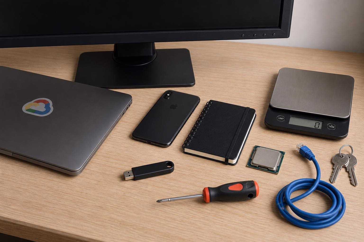 KDB Tech-Update 202606191505 Schreibtisch-Setup mit Monitor und mehreren Geräten: Laptop, Smartphone, Notizbuch, USB-Stick, Ethernetkabel, Schraubendreher, Schlüssel und Waage; für Technik-Organisation.