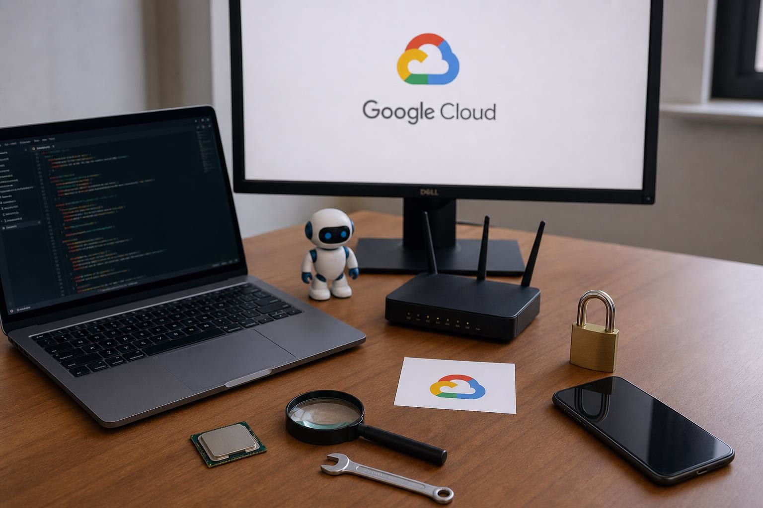 KDB Tech-Update 202606200502 Schreibtisch mit Laptop, Monitor und Router; daneben Router, Lupe, Werkzeugschlüssel, Handy, Schloss und Chip sowie ein Google-Cloud-Logo auf Papier.