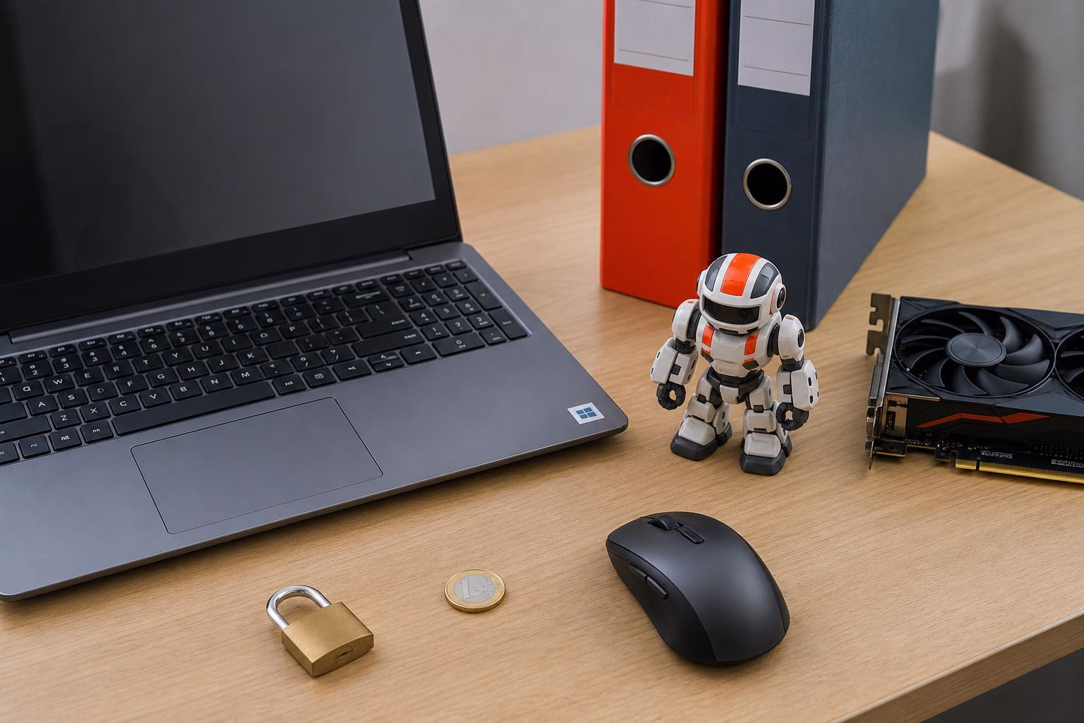 KDB Tech-Update 202606240505 Laptop mit Windows-Aufkleber auf Tisch, daneben Roboterfigur, Schreibtischzubehör und Euro-Münze; Symbol für IT-Sicherheit und Update.