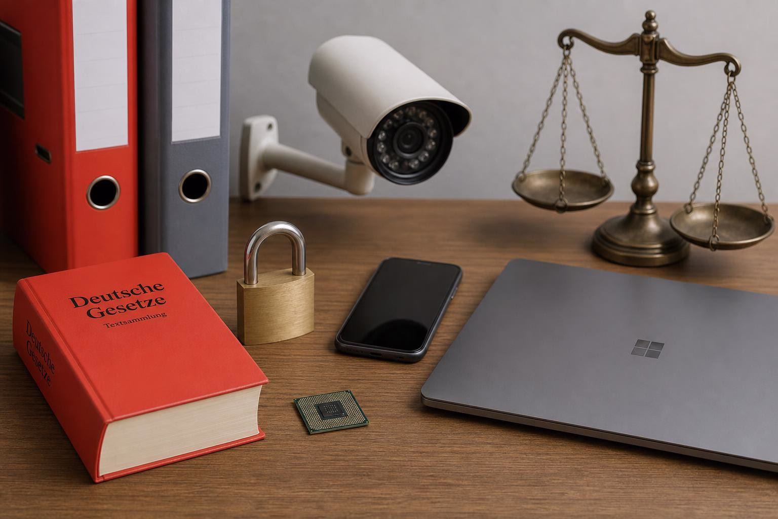 KDB Tech-Update 202606251504 Schreibtisch mit Gesetzbuch, Zahlenschloss und Smartphone, Laptop, Überwachungskamera, Mikrochip und Waage—Symbol für Recht, Sicherheit und Kontrolle.