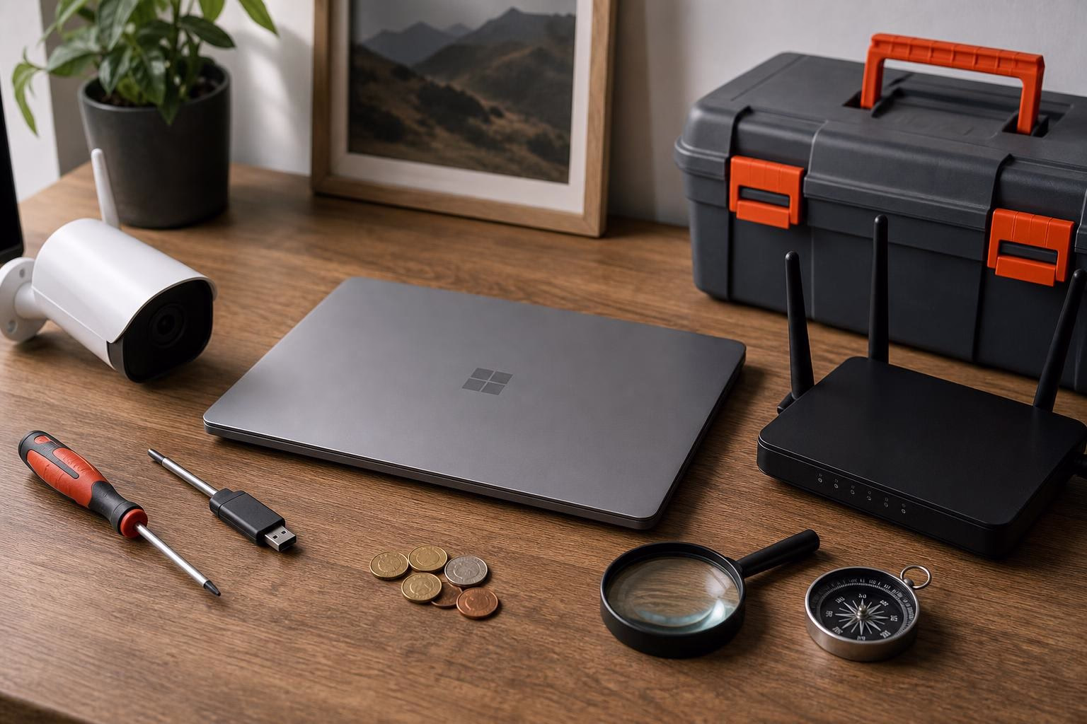 KDB Tech-Update 202606261506 Schreibtisch mit Laptop, Router und Überwachungskamera; daneben Schraubendreher, USB-Stick, Münzen, Lupe und Kompass als Hinweis auf Technik-Check.