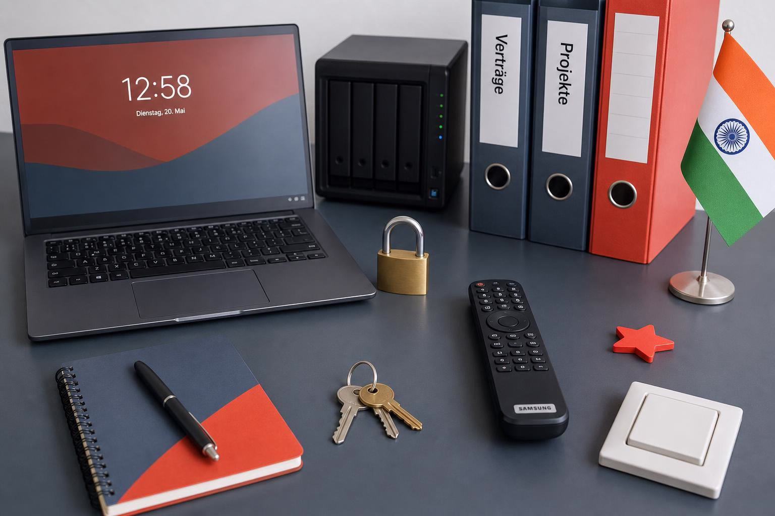 KDB Tech-Update 202606280505 Schreibtisch mit Laptop, Mini-Server, Ordnern, Vorhängeschloss und Schlüsseln; Notebook, Fernbedienung und indische Flagge als Hinweis auf Sicherheit/Organisation.