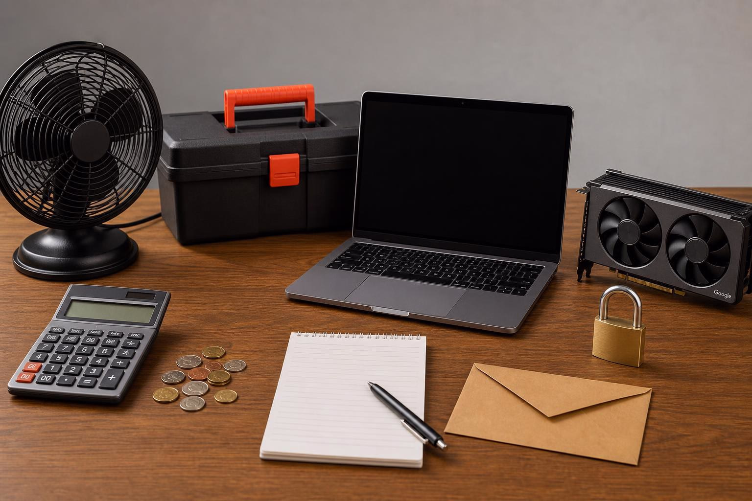 KDB Tech-Update 202606281505 Schreibtisch mit Laptop, Taschenrechner und Münzen; Notizblock und Stifte für Berechnungen, daneben Verschluss und Grafikkarte als Technik-Setup.