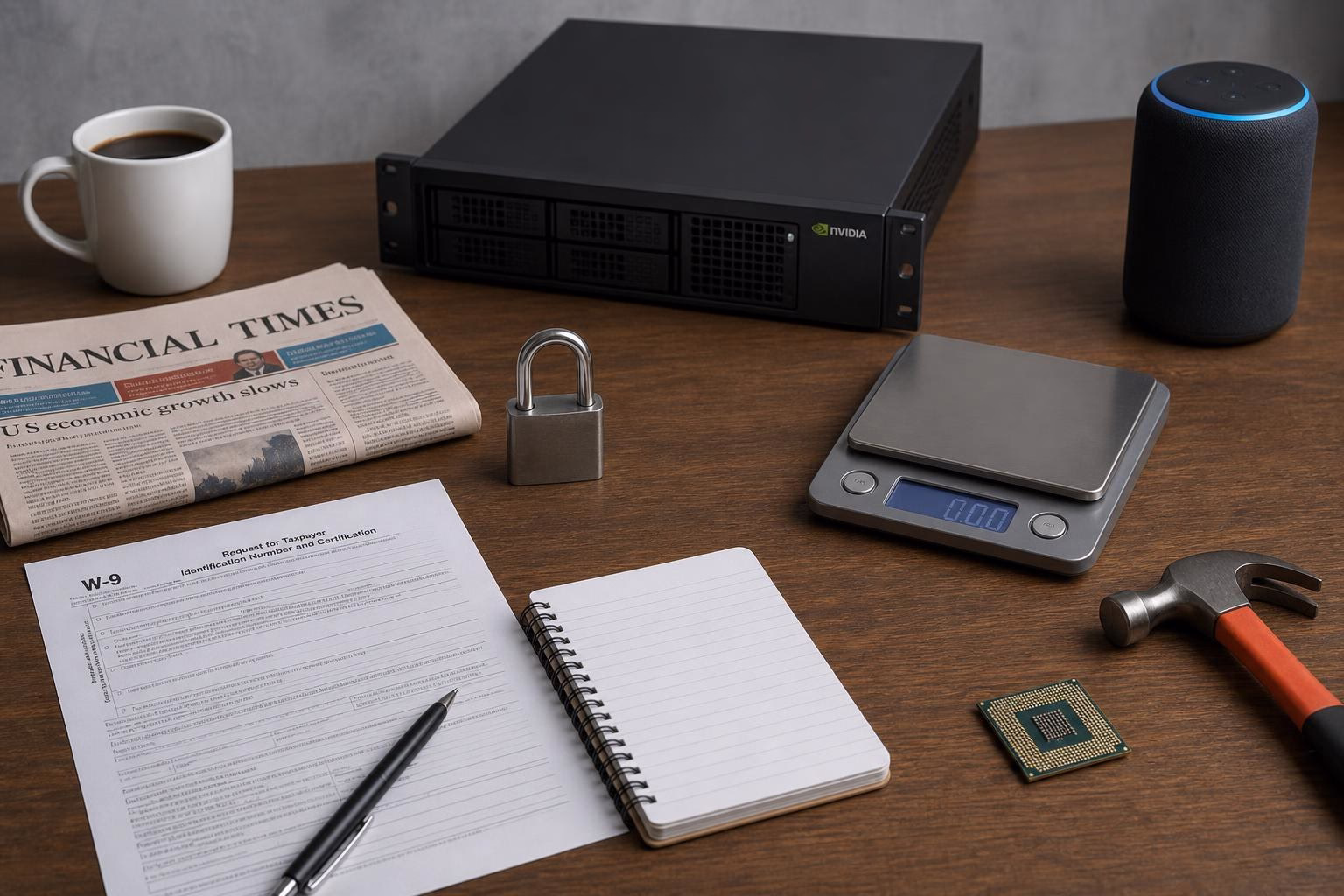 KDB Tech-Update 202606290506 Schreibtisch mit Server, Computerchip, Waage, gesperrtem Vorhängeschloss, Formularen, Notizblock und Werkzeug; Symbol für Technik-, Sicherheit- und Prüfprozesse.