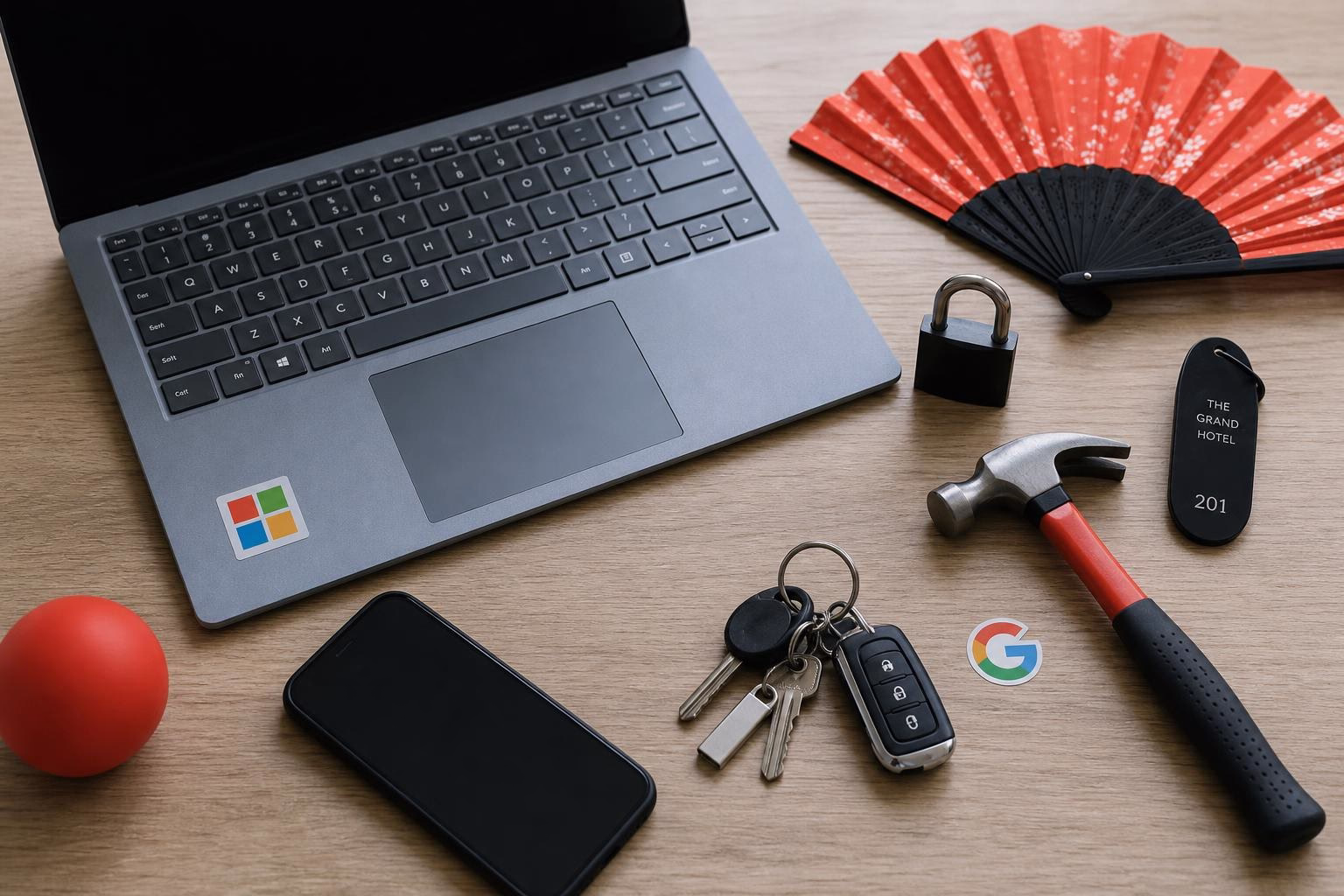 KDB Tech-Update 202606291504 Schreibtisch mit Laptop, Smartphone, Stressball, Schlüsselbund, Hotelschlüssel, Vorhängeschloss und Hammer; Aufkleber mit integriertem Logo als Hinweis.