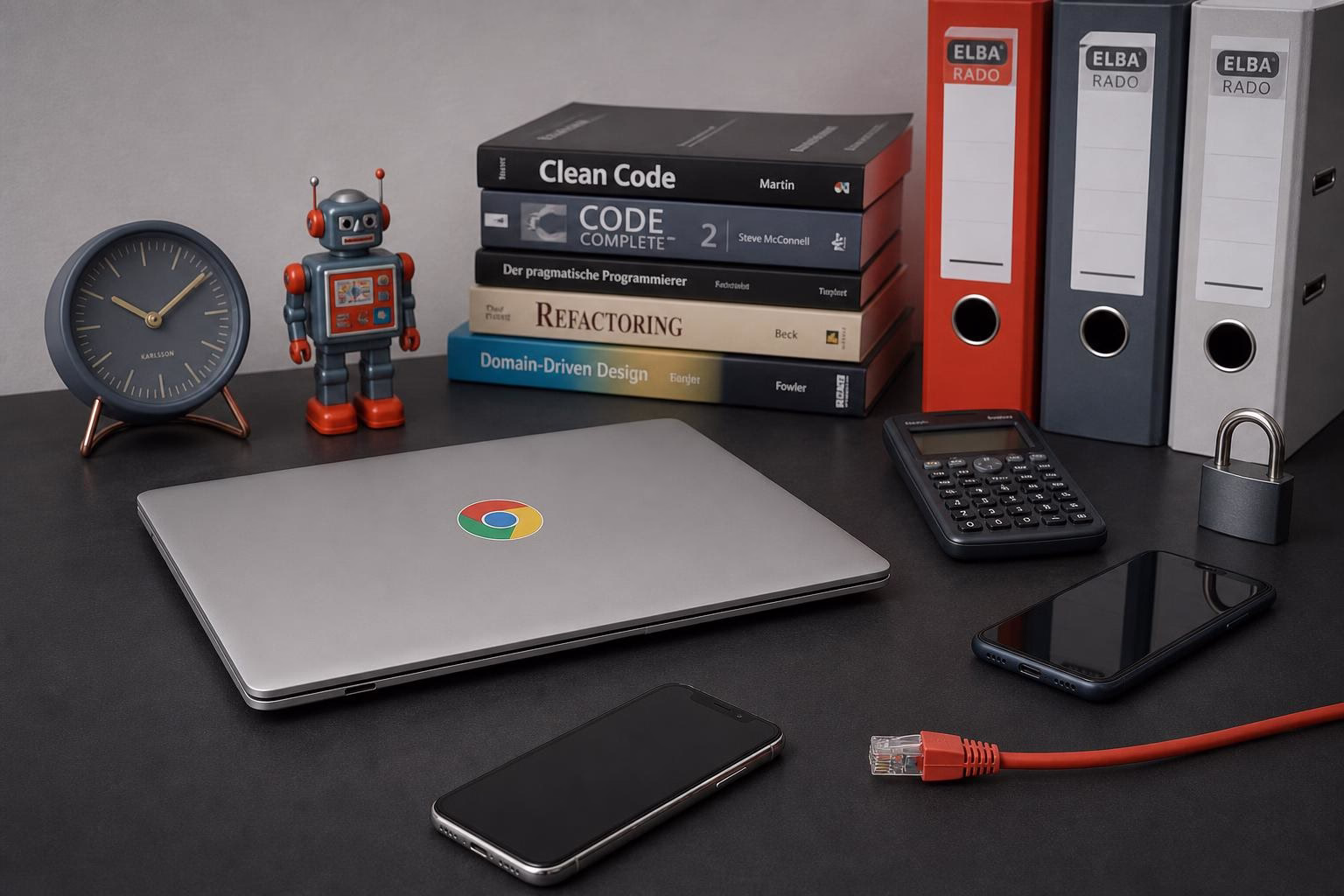 KDB Tech-Update 202607011503 Schreibtisch mit Laptop, Taschenrechner, Handy, Aktenordnern, Roboterfigur und Kabeln; zeigt eine technische Arbeitsumgebung und Ordnungsmittel.