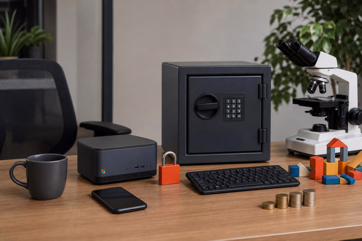 KDB Tech-Update 202607020506 Schreibtisch mit Computer, Tastatur und Smartphone neben einem digitalen Tresor, Münzen und Bauklötzen; Mikroskop im Hintergrund, Kaffeetasse vorne.