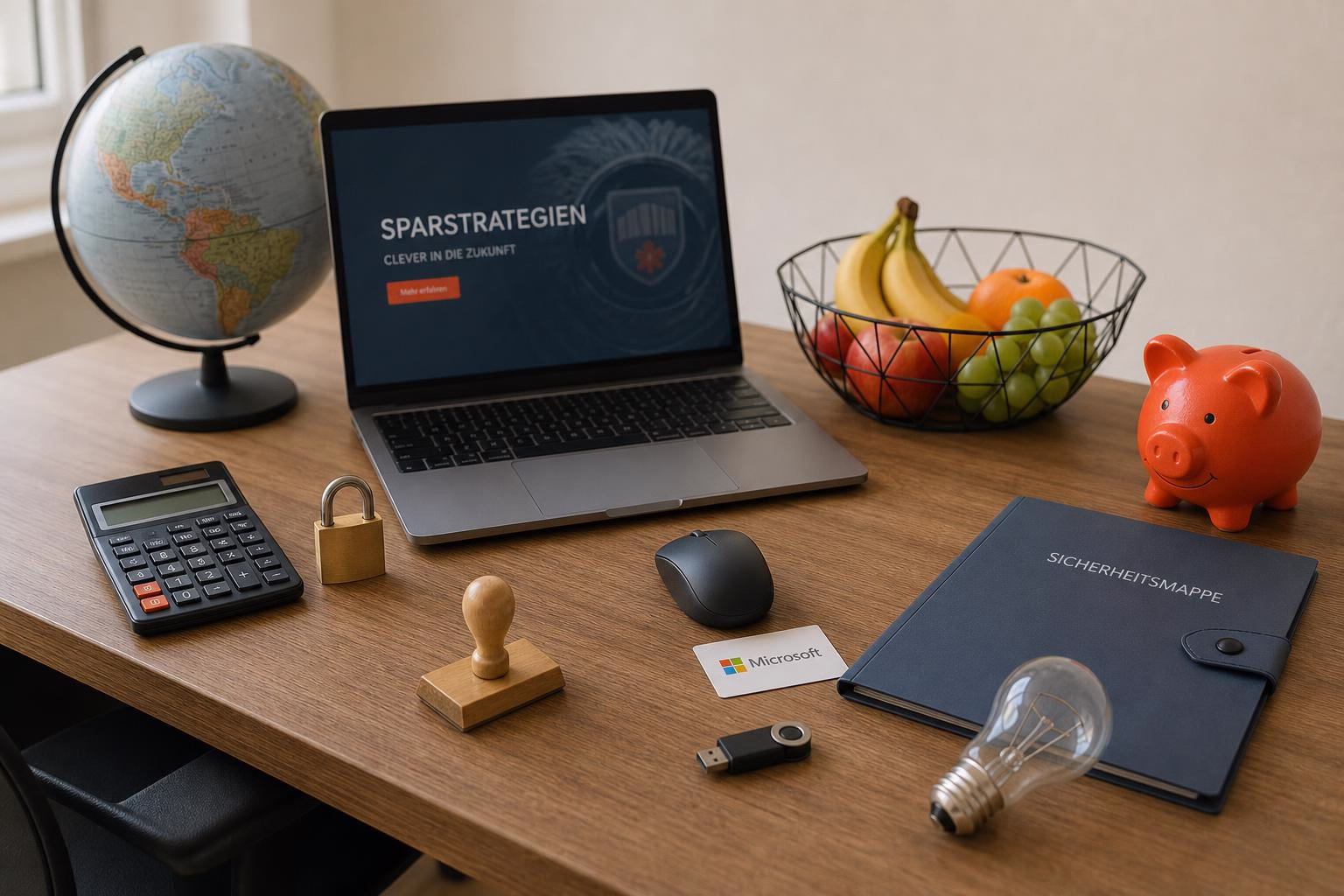 KDB Tech-Update 202607041506 Schreibtisch mit Laptop, Globus, Sicherheitsmappe, USB-Stick, Vorhängeschloss, Rechner, Sparschwein und Obstkorb als Symbole für Planung und Sicherheit.