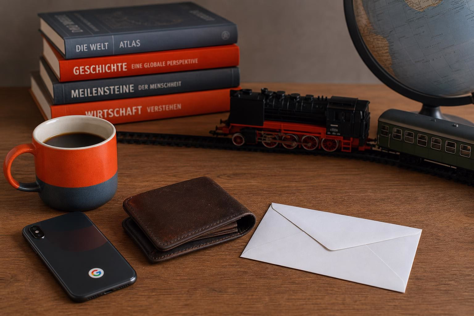 KDB Tech-Update 202607051502 Schreibtisch mit Kaffeetasse, Büchern, Modellbahnzug, Smartphone mit Aufkleber, Geldbörse und Briefumschlag; symbolisiert Arbeit und Kommunikation.