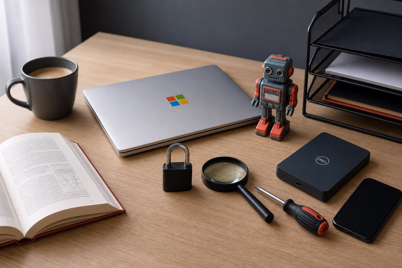 KDB Tech-Update 202607061503 Arbeitsplatz mit Laptop, Kaffeetasse, aufgeschlagenem Buch, Vorhängeschloss und Lupe; zeigt Organisation von Technik und Informationssuche.