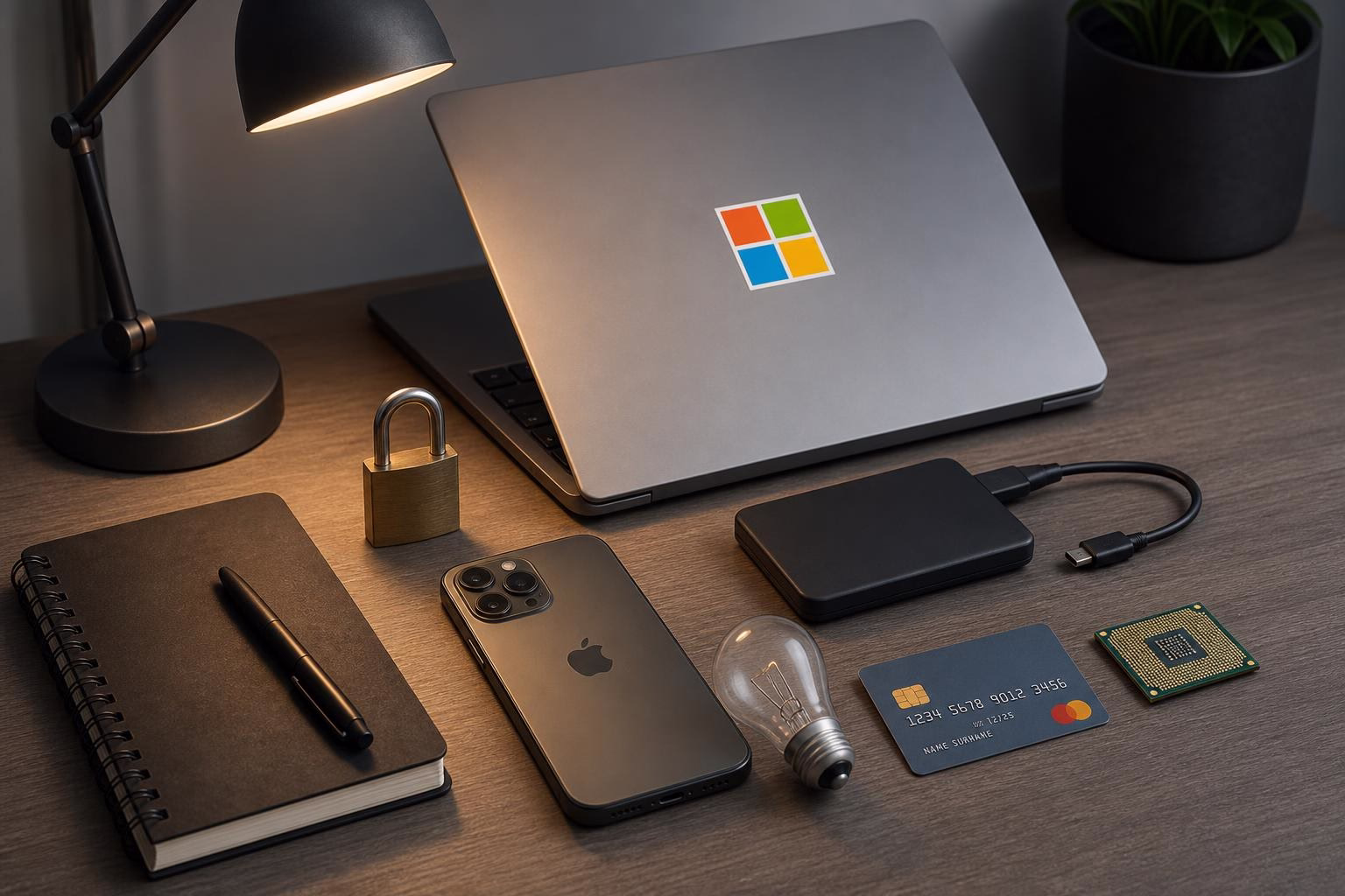 KDB Tech-Update 202607071504 Schreibtisch mit geöffnetem Laptop, Smartphone, externer Festplatte, USB-Kabel, Notizbuch, Kreditkarte, Smart-Lock, Lampe und Computerchip zur Technik-Organisation.