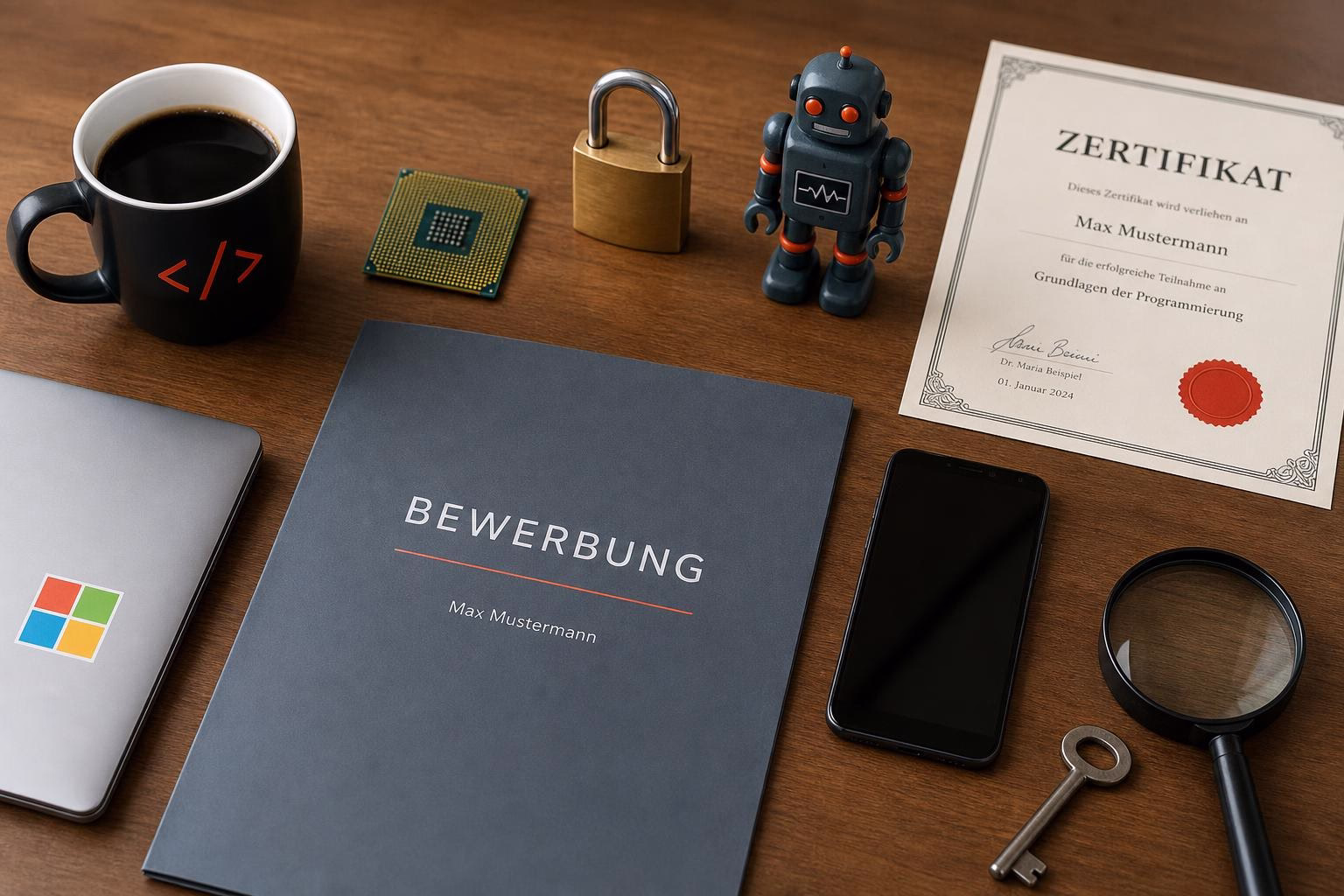 KDB Tech-Update 202607080503 Schreibtisch mit Kaffeetasse, Chip, Vorhängeschloss, Roboterfigur und Zertifikat, dazu Handy, Schlüssel und Lupe zur Darstellung von Technik & Bewerbung.