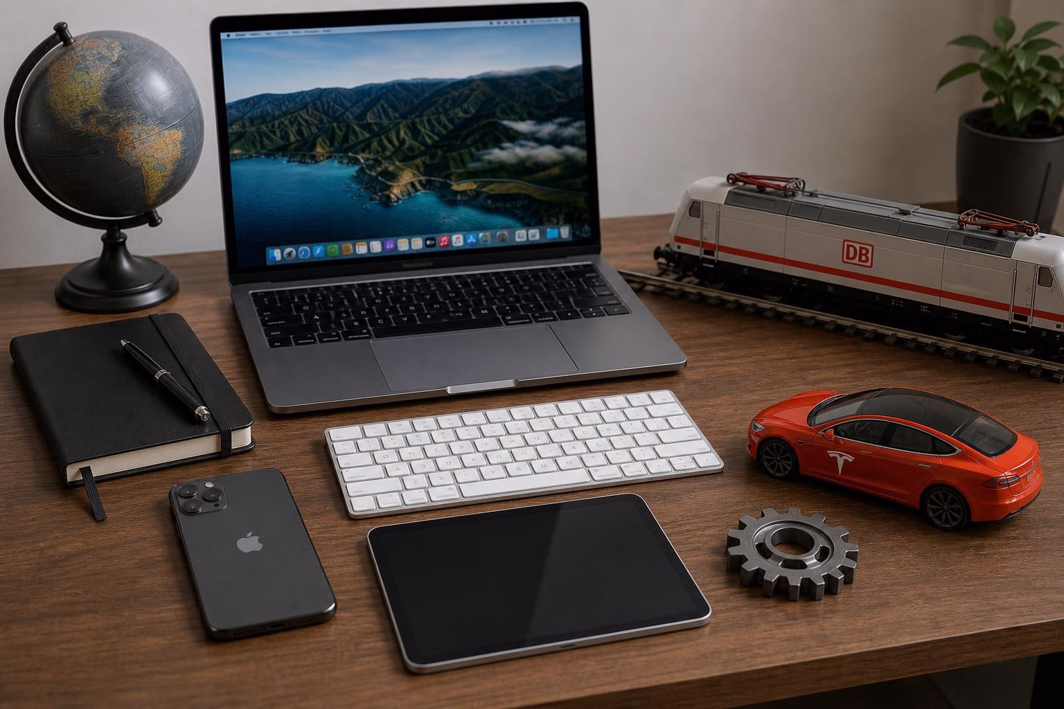 KDB Tech-Update 202607081504 Schreibtisch mit Laptop, Tastatur, Smartphone, Tablet, Globus, Modellbahn, Modellauto und Zahnradsymbolen als Symbol für Technik-Update.