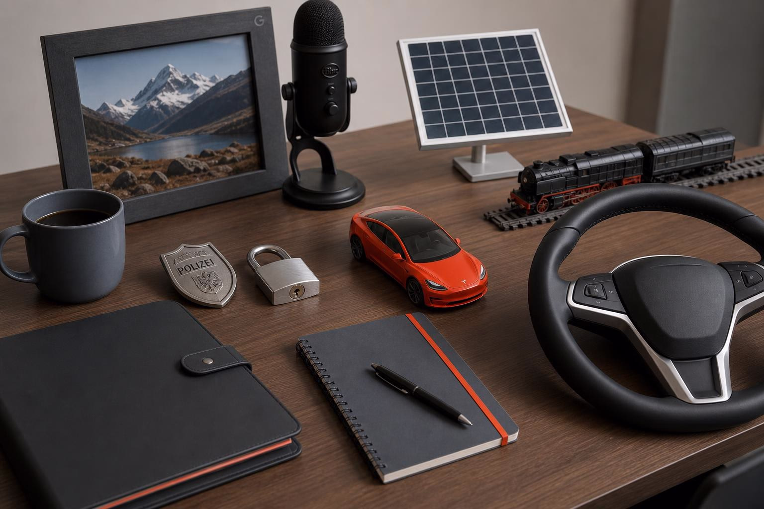 KDB Tech-Update 202607090501 Schreibtisch mit Mikrofon, Solarpanel, Modellauto, Modellzug, Lenkrad, Notizbuch, Kaffeetasse, Schloss und Ausweis-Schild als Technik-/Arbeits-Setup.