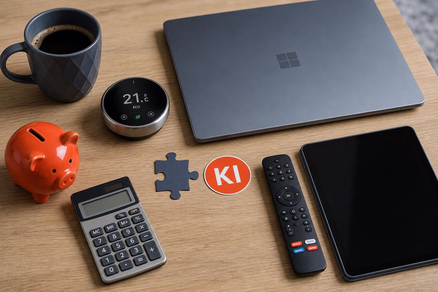 KDB Tech-Update 202607101501 Schreibtisch mit Kaffeetasse, digitalem Thermostat, Laptop, Tablet, Fernbedienung, Sparschwein, Rechner und KI-Puzzle-Icon zur Technik-Übersicht.