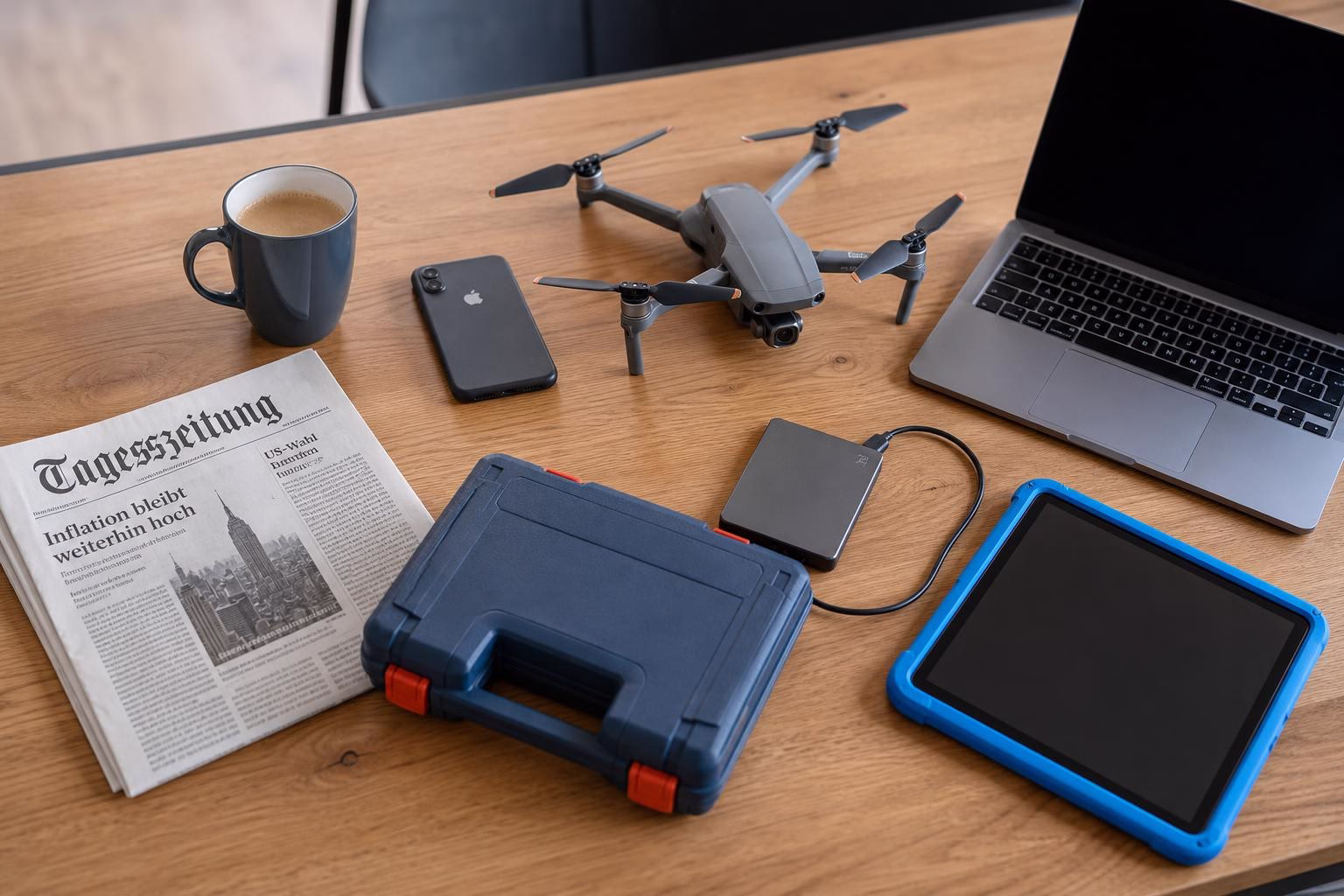 KDB Tech-Update 202607110505 Schreibtisch mit Kaffeetasse, Zeitung, Laptop, Smartphone, Drohne, externer Festplatte, Tablet und Werkzeugkoffer als Arbeitsplatz.