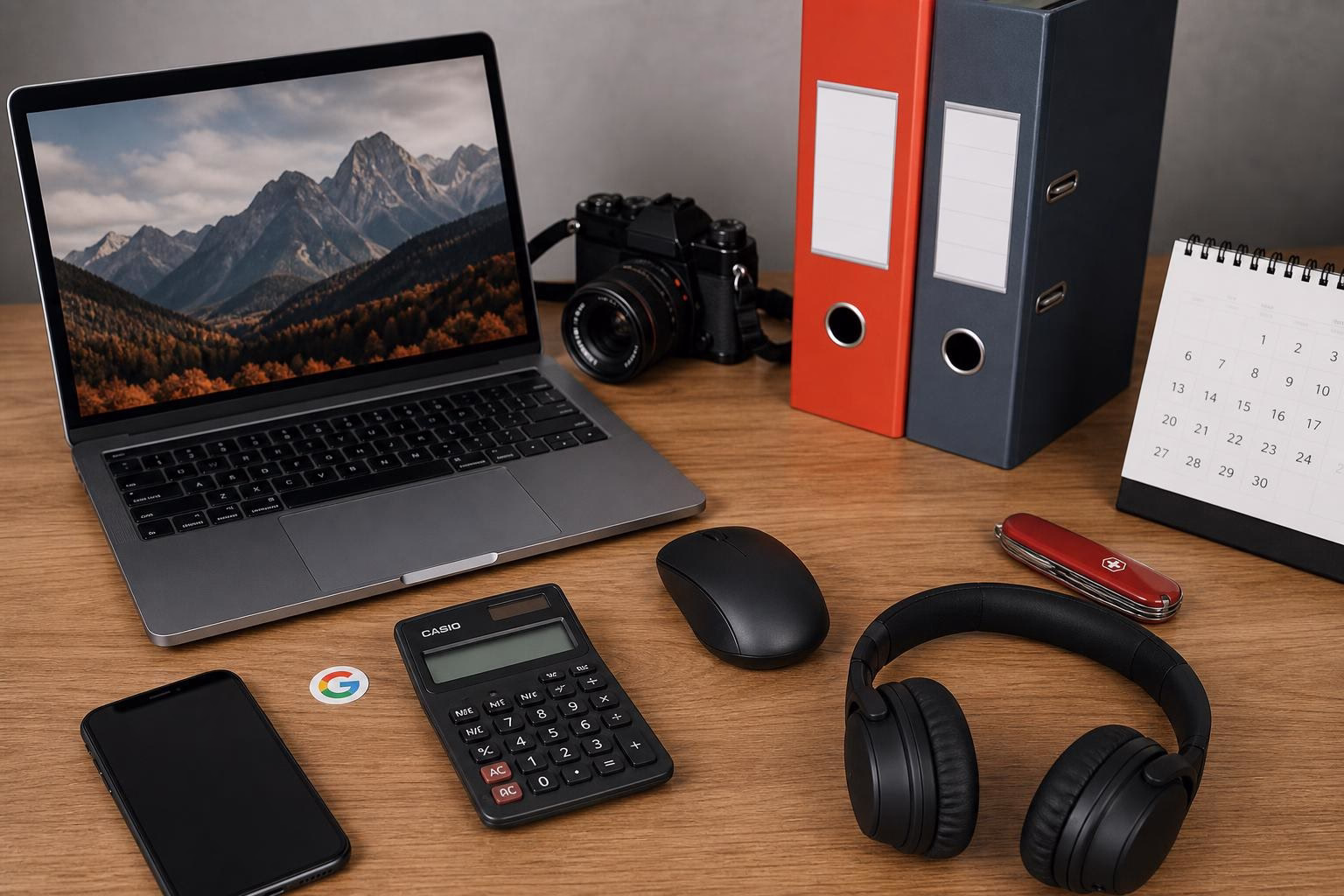 KDB Tech-Update 202607111506 Schreibtisch mit Laptop, Smartphone, Maus, Rechner, Kopfhörern, Ordnern, Taschenmesser und Kalender als Arbeits- und Technik-Setup.