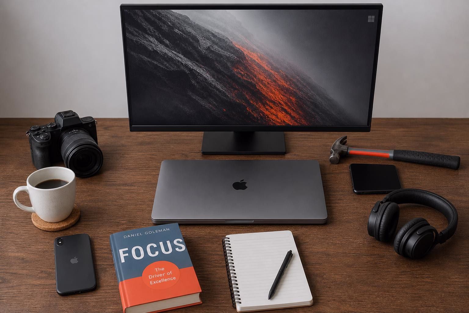KDB Tech-Update 202607120507 Schreibtisch mit Monitor, Laptop, Kamera, Kaffeetasse, Smartphone, Kopfhörern, Buch und Notizblock; Arbeitsumgebung für Technik und Dokumentation.