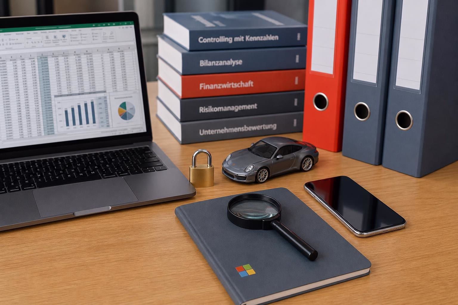 KDB Tech-Update 202607130505 Arbeitsplatz mit Laptop und Excel-Tabelle, Ordnern, Schloss, Smartphone, Modellauto und Lupe zur Analyse und Absicherung von Finanzdaten.