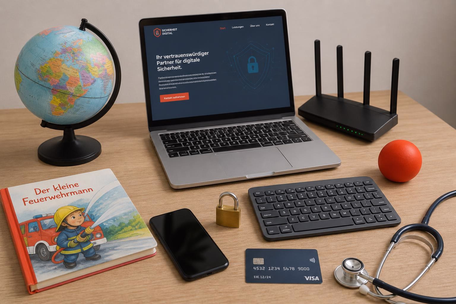Schreibtisch mit Laptop, Globus, Router, Smartphone und Tastatur; daneben Kreditkarte, Vorhängeschloss, Stethoskop und Kinderbuch als Technologie- und Sicherheitsmotiv.