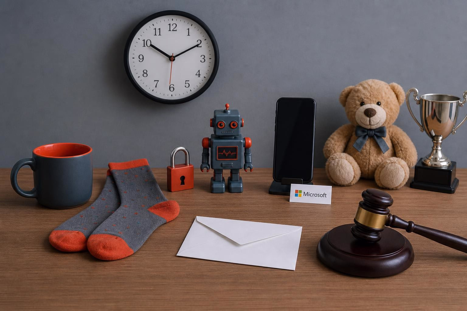 KDB Tech-Update 202607140501 Schreibtisch-Arrangements: Uhr, Roboterfigur, Smartphone, Schloss, Briefumschlag, Richterhammer, Pokal, Teddybär, Tasse und Socken als Motiv für Tech-Update.